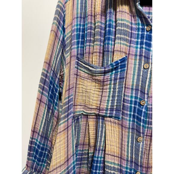 Free People The Voyage Shirtdress Gauze Plaid Blue in Sunrise Combo Size XS - Picture 10 of 14